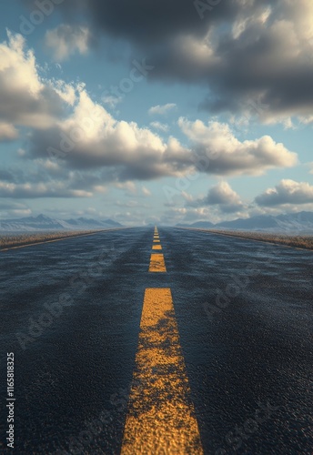 Long stretch of deserted road under a dramatic sky with scattered clouds in t...