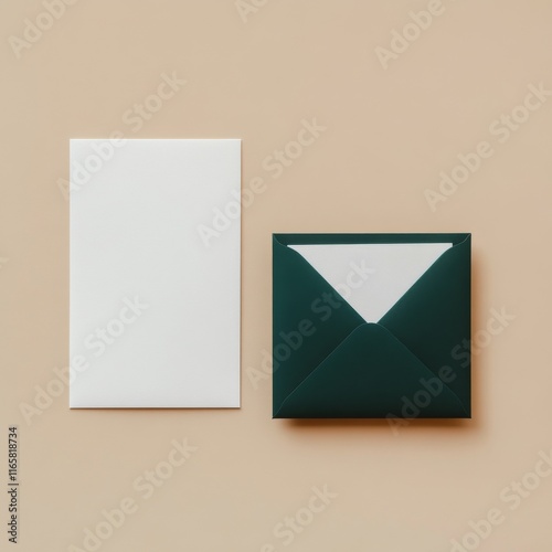 Elegant stationery set with white note card and dark green envelope on beige ...