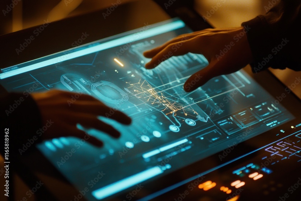 Musician's hands dance on the keyboard as AI crafts a dynamic melody in a creative setting