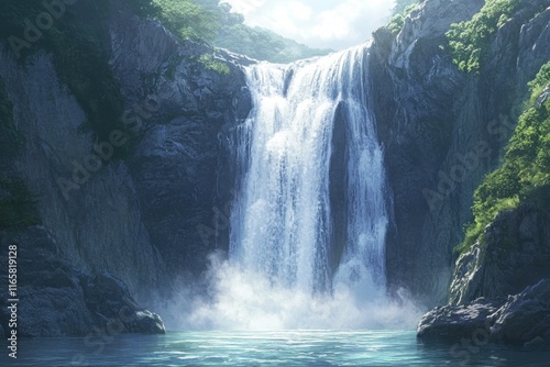 Water flows gracefully from a mountainous waterfall, creating rainbows in the mist over a serene lake below