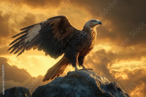 A griffin stands nobly on a rocky ledge, wings outstretched as the warm sunset bathes its form in golden light photo