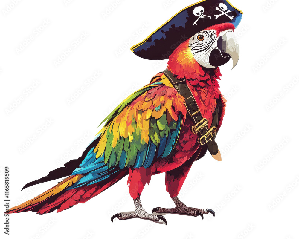 Naklejka premium Colorful parrot wearing a pirate hat and harness, white isolate background.