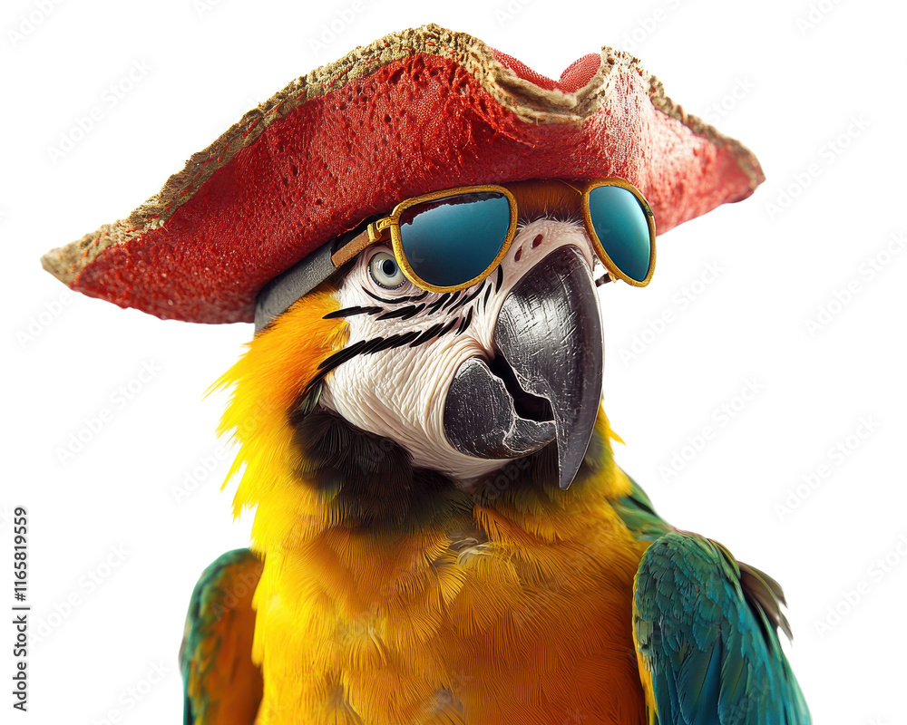 Naklejka premium Colorful parrot wearing a pirate hat and sunglasses, white isolate background.