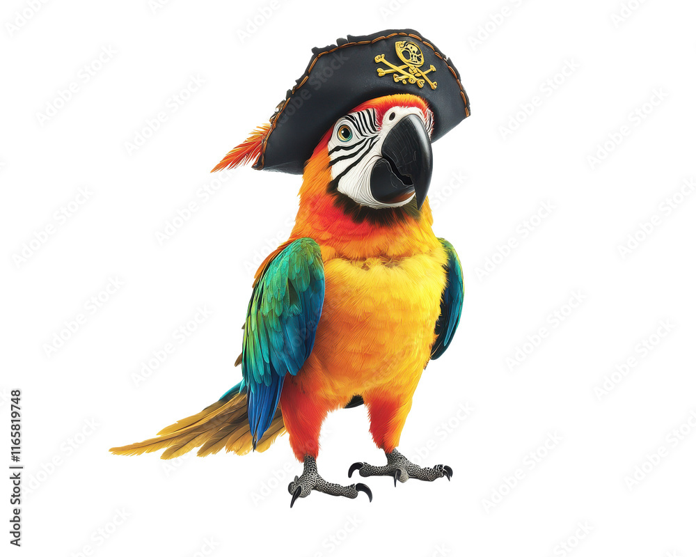 Naklejka premium Colorful parrot wearing a pirate hat on a white isolated background.