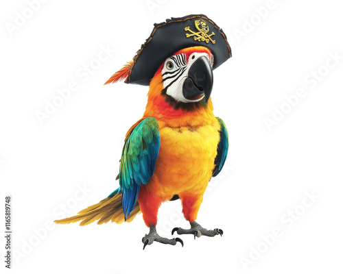 Colorful parrot wearing a pirate hat on a white isolated background.
