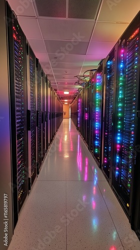 Rows of server racks in a data center illuminated by fluorescent lights