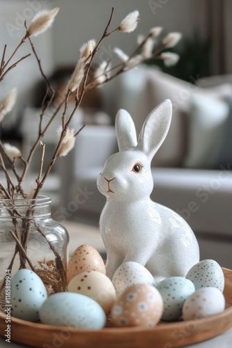 Elegant spring decor featuring a bunny, candles, and pastel eggs on a table