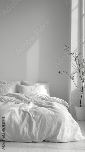 Bright and airy bedroom with white bedding and natural light in a calm setting
