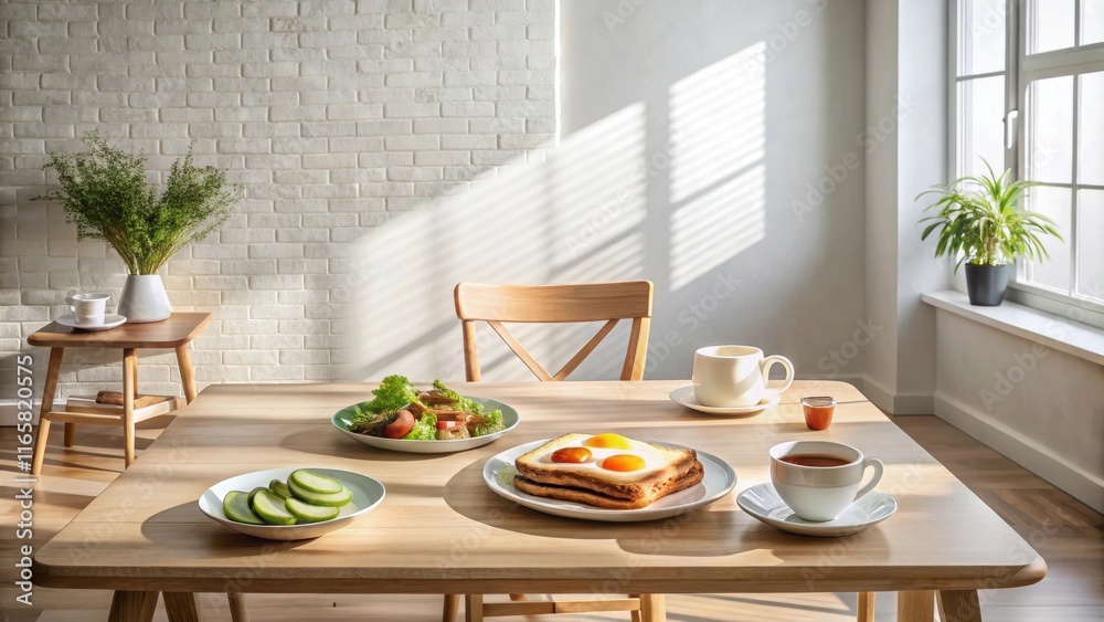 Simple breakfast of toast with fried eggs, salad, and tea on a wooden table in a sunlit room