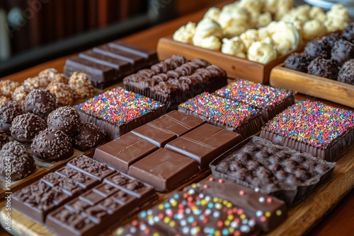 Assortment of delicious chocolate treats displayed on a wooden surface during...