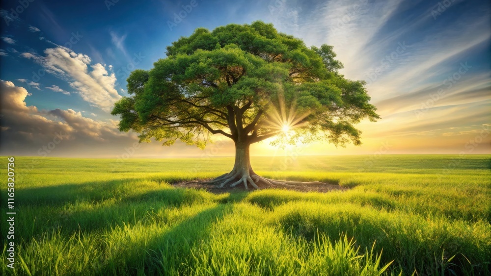 Fototapeta premium A solitary tree stands tall in a vast field, bathed in the golden light of a setting sun, its branches reaching towards the sky, casting long shadows across the lush green grass