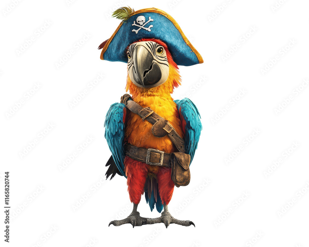 Naklejka premium Colorful pirate parrot character with a hat and bandana, isolated on white background.