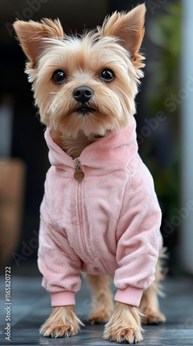Cute small dog wearing a pink hoodie sits indoors looking at the camera