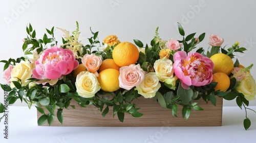 Beautiful floral arrangement with peonies and lemons in a wooden box