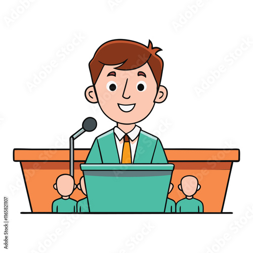 Vector illustration of a young entrepreneur giving a speech in a modern conference room on a white background