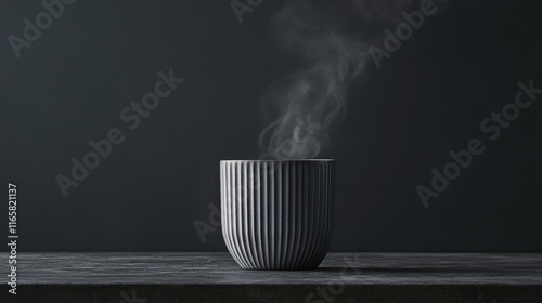 Hot beverage steaming in a textured black cup on a dark background at evening...