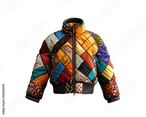 Colorful quilted jacket with diverse patterns on a white isolated background.