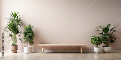 A light pink wall is a blank canvas for your imagination, featuring a wooden bench placed thoughtfully in front, surrounded by lush greenery in simple white planters. photo