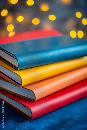Colorful stacked notebooks on blue surface with sparkling lights in the backg...