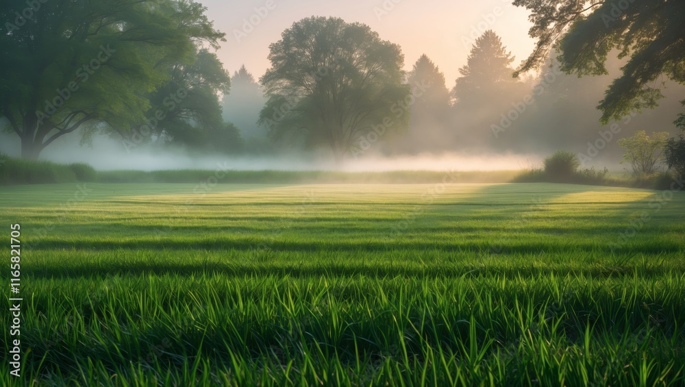 Scenic early morning summer lawn with light mist Scenic early morning summer lawn with light mist