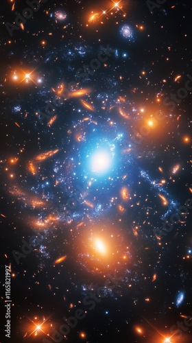 Stunning view of a galaxy cluster with bright stars and cosmic phenomena in d...