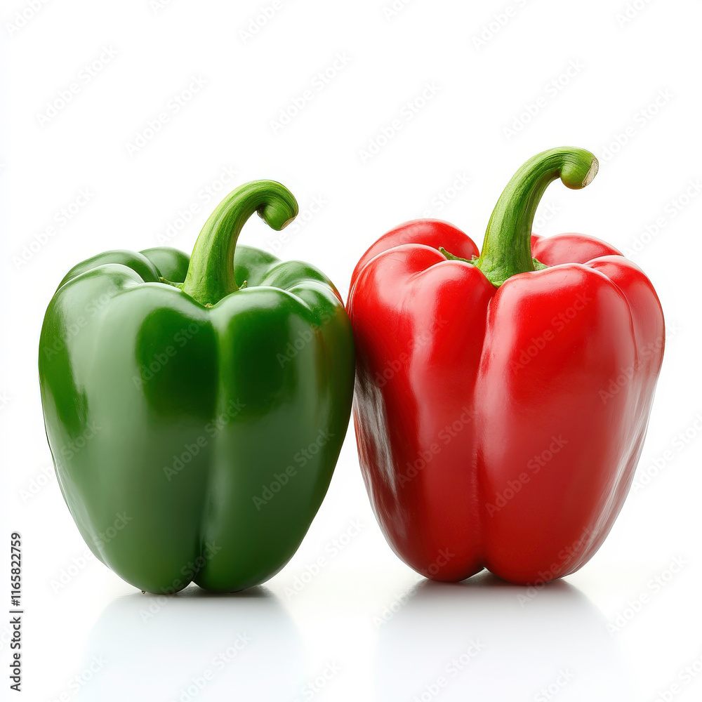 Fresh Green and Red Bell Peppers Isolated on a White Background for Culinary and Healthy Eating Concepts in Stock Photography Fresh Green and Red Bell Peppers Isolated on a White Background for Culinary and Healthy Eating Concepts in Stock Photography