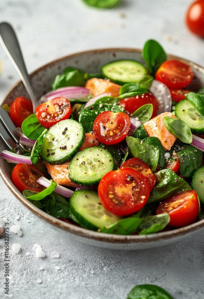 Fresh salmon salad with vegetables and herbs in a rustic bowl Fresh salmon salad with vegetables and herbs in a rustic bowl