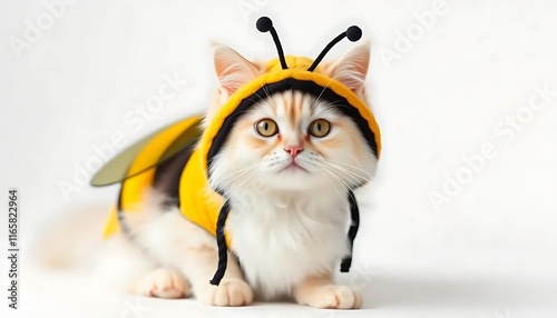 a white persian cat in a bee costume on a white background photo