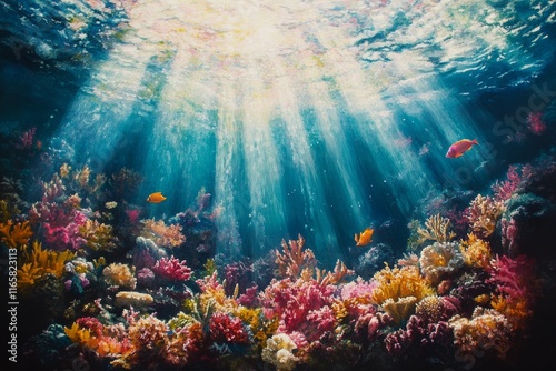 Vibrant coral reef thriving under sunlight beams in clear blue ocean water