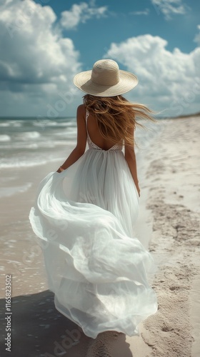 Woman in white dress walks along sandy beach under blue sky with fluffy clouds