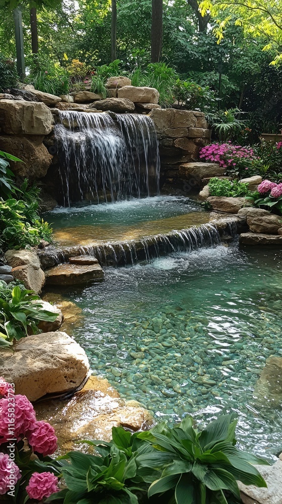 Naklejka premium Lush Jungle Oasis: A hidden tropical waterfall cascading into a crystal-clear lagoon, surrounded by exotic, oversized plants and vibrant flowers.