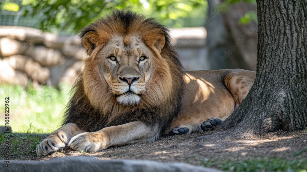 Lion Resting Under a Tree in Golden Sunlight Lion Resting Under a Tree in Golden Sunlight