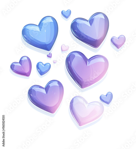 Blender render of purple and blue hearts floating on a transparent background