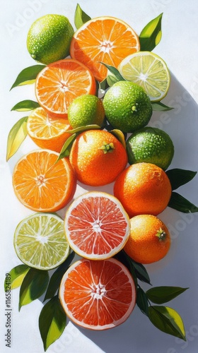 Colorful arrangement of citrus fruits with green leaves on a bright background
