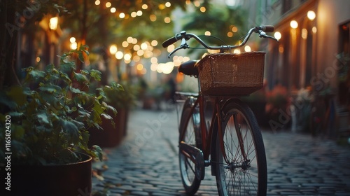 Charming bike with wicker basket parked in a cozy alley filled with warm ligh...