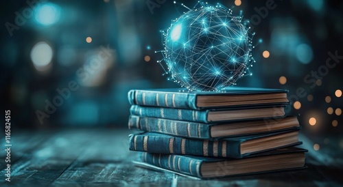 Books stacked with a glowing digital globe symbolizing knowledge and connecti...