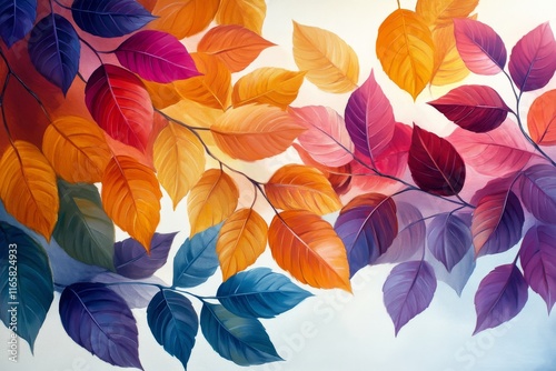 Vibrant watercolor leaves arranged in a colorful display against a white back...
