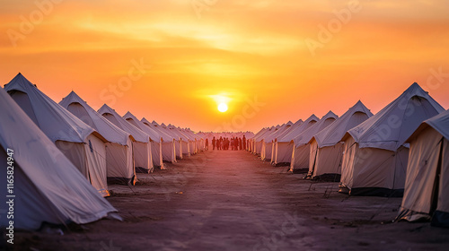 Sunset over tent camp with families gathered, creating warm atmosphere photo