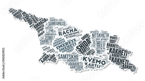 Georgia shape text cloud. Country border with shadow on white background. Georgia with regions division in vintage gazette style. Modern vector illustration.
