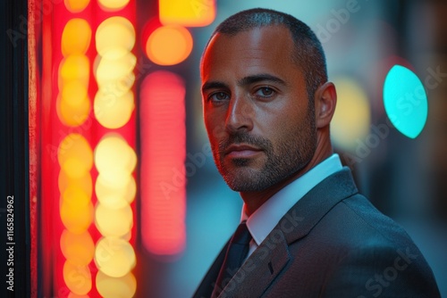 Man dressed in a suit poses confidently against a backdrop of bright neon lights in an urban setting at night photo