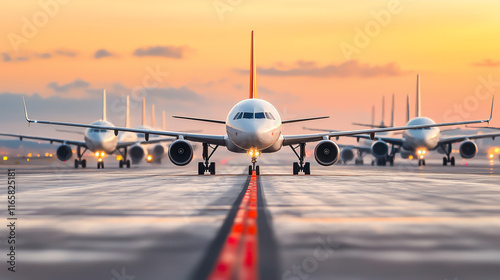 Airplanes parked at airport during sunset, showcasing serene atmosphere