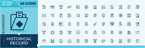 Historical Record linear icon collection. It contains symbols to graphic, ink, paint, book, history, web and more. Minimal icons. Solid line editable stroke.