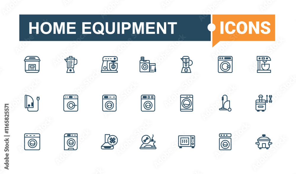 Home Equipment icon set. It contains symbols to appliance, house, appliances, web, dryer, household, cooking, domestic. Collection for mobile and web apps. Vector illustration in modern line style.