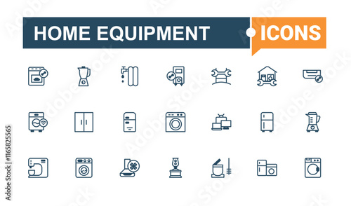 Home Equipment icon set. It contains symbols to appliance, house, appliances, web, dryer, household, cooking, domestic. Collection for mobile and web apps. Vector illustration in modern line style.