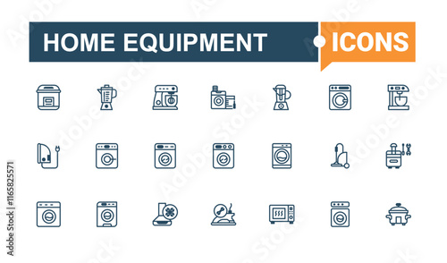 Home Equipment icon set. It contains symbols to appliance, house, appliances, web, dryer, household, cooking, domestic. Collection for mobile and web apps. Vector illustration in modern line style.