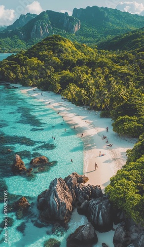 Beautiful tropical beach with lush greenery and gentle waves during the day