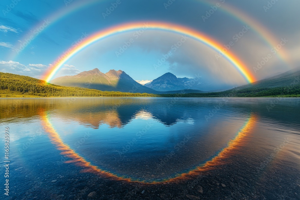 A double rainbow over a serene mountain lake. Generative AI
