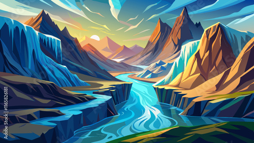 A majestic glacier carved into a mountainside, glistening under the bright sunlight, with streams of melting ice forming small rivers below