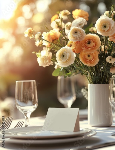 Elegant table setting with floral centerpiece for a special event in a sunlit...