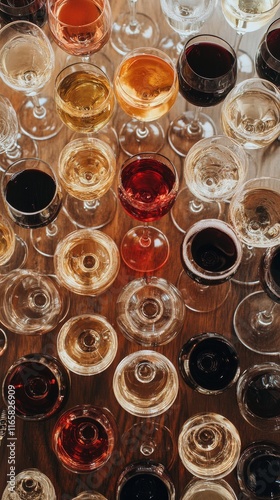 Elegant arrangement of wine glasses showcasing various wines at a stylish tas...
